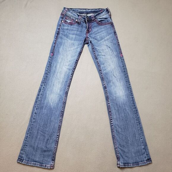 Cowgirl Tuff lowrise flare embroidered sugar skull jeans pink thick stitch sz 24 - Picture 4 of 16